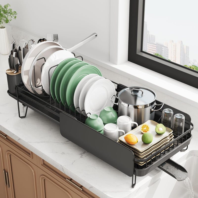 SNTD Large Dish Drying Rack - Expandable (19.3" to 29.4") Dish Rack for Kitchen Counter, Stainless Steel Dish Drainer with Utensil Holder, Pan Holder & Pot Lid Holder, Black - Image 1