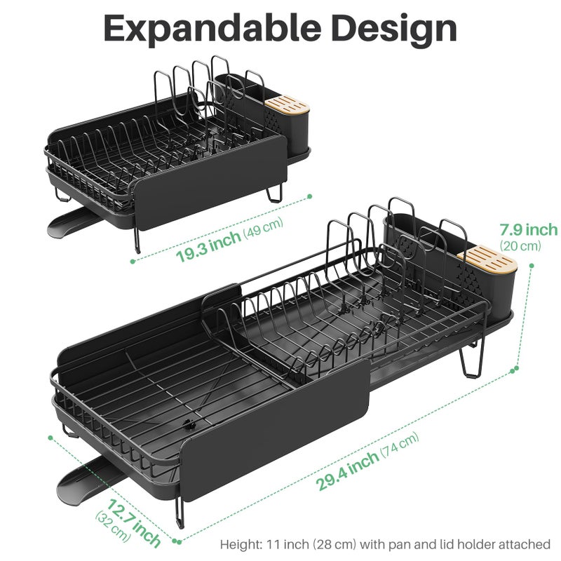 SNTD Large Dish Drying Rack - Expandable (19.3" to 29.4") Dish Rack for Kitchen Counter, Stainless Steel Dish Drainer with Utensil Holder, Pan Holder & Pot Lid Holder, Black - Image 3