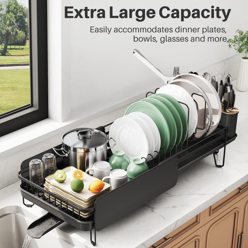 SNTD Large Dish Drying Rack - Expandable (19.3" to 29.4") Dish Rack for Kitchen Counter, Stainless Steel Dish Drainer with Utensil Holder, Pan Holder & Pot Lid Holder, Black - Image 2