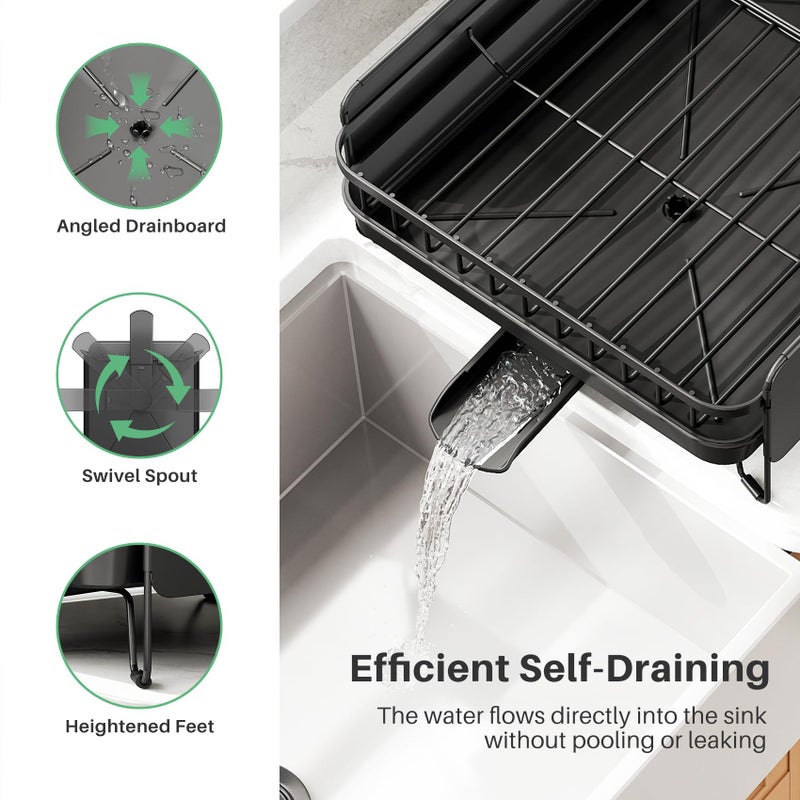 SNTD Large Dish Drying Rack - Expandable (19.3" to 29.4") Dish Rack for Kitchen Counter, Stainless Steel Dish Drainer with Utensil Holder, Pan Holder & Pot Lid Holder, Black - Image 4