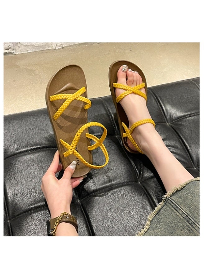 NIBEMINENT Comfortable Open-toed Women's Flat Sandals Korean Style Fashion Roman Beach Shoes Woven Cross Band Casual Sandals for Summer  - Image 3