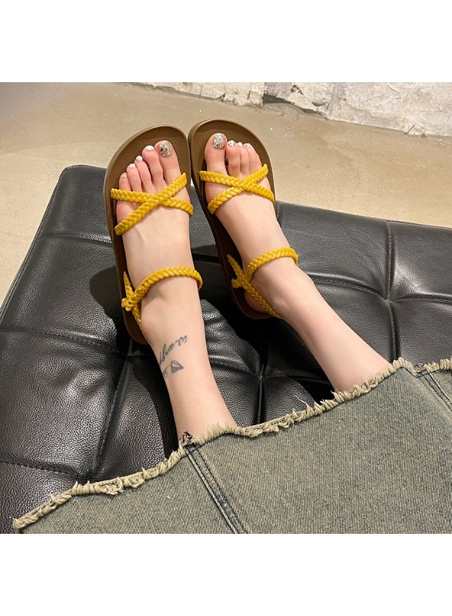 NIBEMINENT Comfortable Open-toed Women's Flat Sandals Korean Style Fashion Roman Beach Shoes Woven Cross Band Casual Sandals for Summer  - Image 2