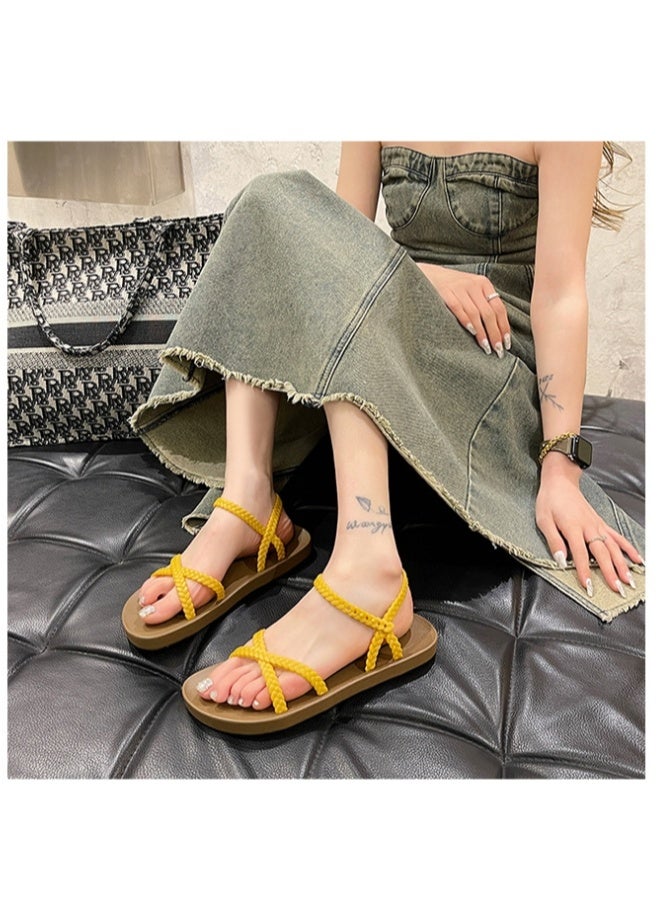 NIBEMINENT Comfortable Open-toed Women's Flat Sandals Korean Style Fashion Roman Beach Shoes Woven Cross Band Casual Sandals for Summer  - Image 4