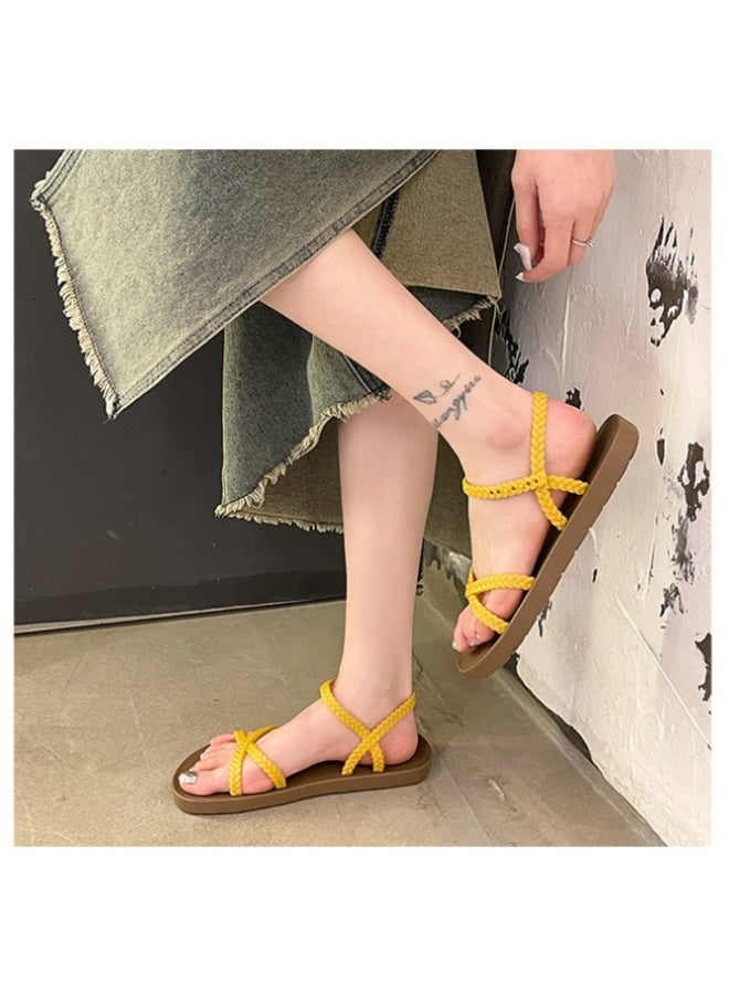 NIBEMINENT Comfortable Open-toed Women's Flat Sandals Korean Style Fashion Roman Beach Shoes Woven Cross Band Casual Sandals for Summer  - Image 5