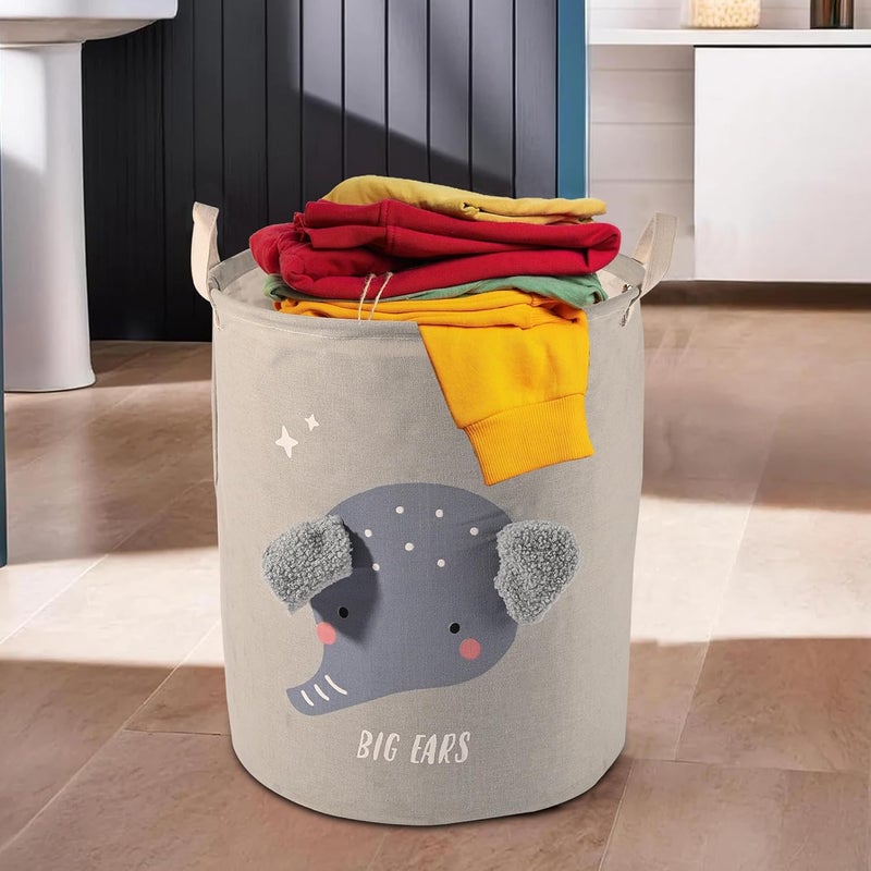 Kuber Industries Foldable 38 Ltr Washing Clothes BasketLaundry Bag with Handles Used Clothes Storage Bag Laundry Hamper for Dirty Clothes Toys GM17LGRY Big Ears Design White - Image 1
