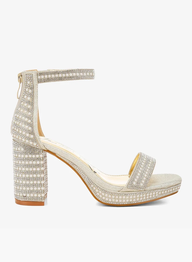 Rhinestones And Pearl Embellished Sandals in Light Gold