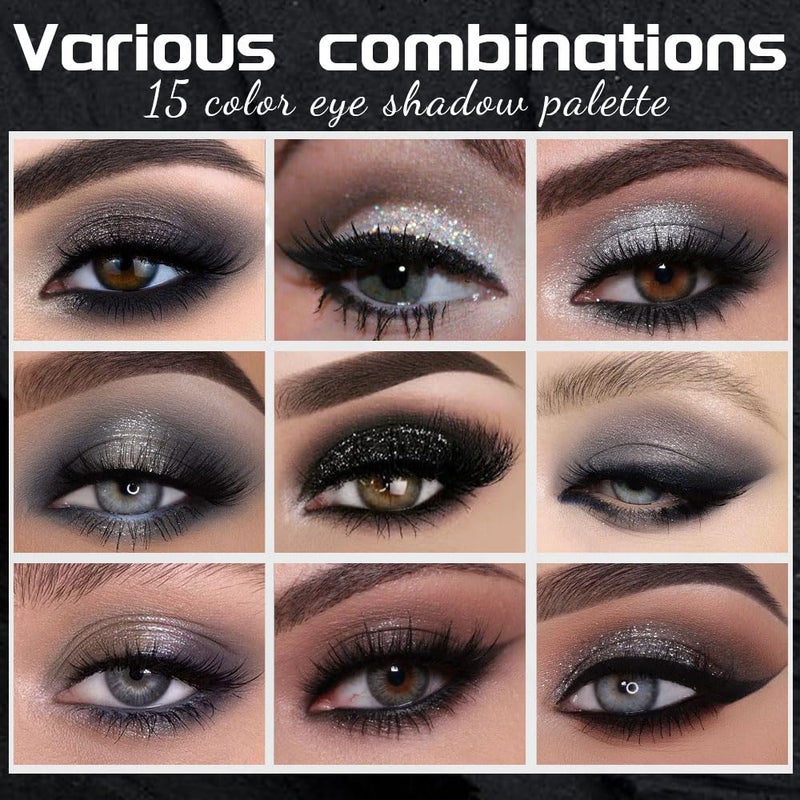 SUAKE باليت ظلال العيون SUAKE بـ 15 لون أسود رمادي فضي غير لامع لظلال العيون، برايمر ظلال العيون البني والأبيض عالي الصبغة، باليت ظلال العيون - Image 2
