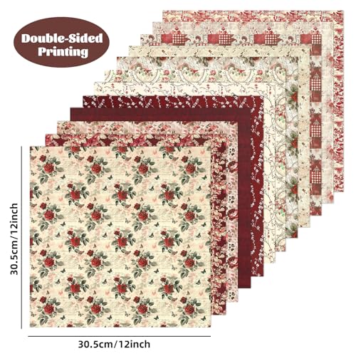 Ethanberg 12x12 Inch Scrapbook Paper Vintage Red Floral Pattern, 24 Sheets/24 Designs Double-Sided Print Craft Papers, Scrapbook Specialty Decorative Paper for DIY Album Decoupage Card Making Scrapbooking - Image 2