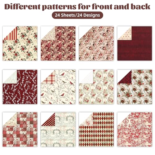 Ethanberg 12x12 Inch Scrapbook Paper Vintage Red Floral Pattern, 24 Sheets/24 Designs Double-Sided Print Craft Papers, Scrapbook Specialty Decorative Paper for DIY Album Decoupage Card Making Scrapbooking - Image 3