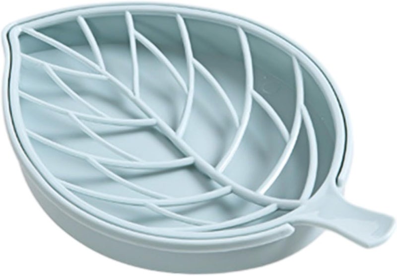Blue Leaf Shaped Soap Dish With Double Drain Non Slip Bathroom Kitchen Shower Tray - Image 1