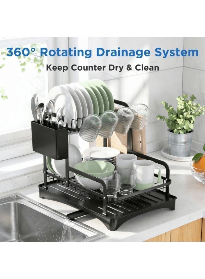 ZIMNEST 2-Tier Dish Drying Rack with Drainboard, Keeps Counter Dry, Large Capacity Rustproof Dish Drainer for Kitchen Countertop with Utensil Holder - Image 4