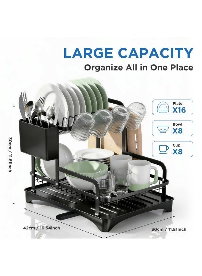 ZIMNEST 2-Tier Dish Drying Rack with Drainboard, Keeps Counter Dry, Large Capacity Rustproof Dish Drainer for Kitchen Countertop with Utensil Holder - Image 3