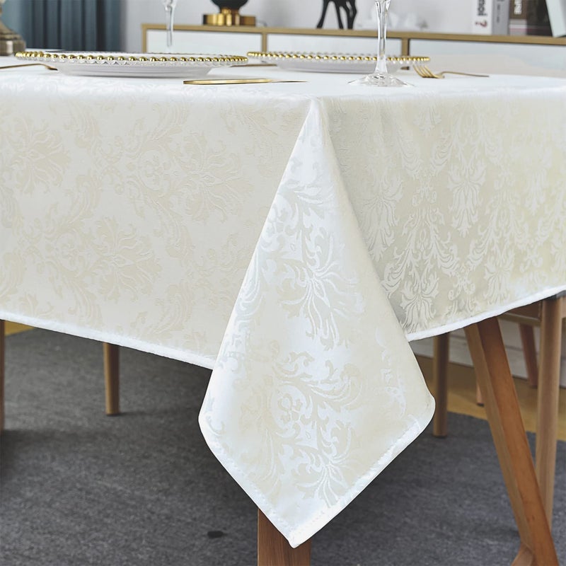 SASTYBALE Rectangle Tablecloth 60 x 102 Inch Beige Cream Damask Table Cloth Jacquard Design Spill Proof Wrinkle Resistant Waterproof Soft Polyester Oblong Table Cover for Kitchen PartiesIvory
