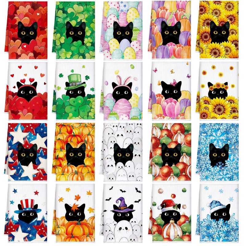 FuWeave 20 Pcs Holiday Kitchen Towels Set Seasonal Decorative Hand Towels Bulk Summer Patriotic 4th of July Tea Dishcloths with Hanging Loop for Kitchen Bathroom CookingBlack Cat - Image 2
