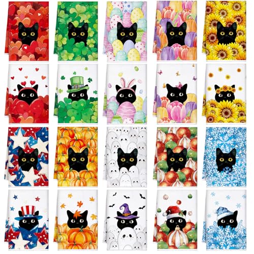FuWeave 20 Pcs Holiday Kitchen Towels Set Seasonal Decorative Hand Towels Bulk Summer Patriotic 4th of July Tea Dishcloths with Hanging Loop for Kitchen Bathroom CookingBlack Cat - Image 1