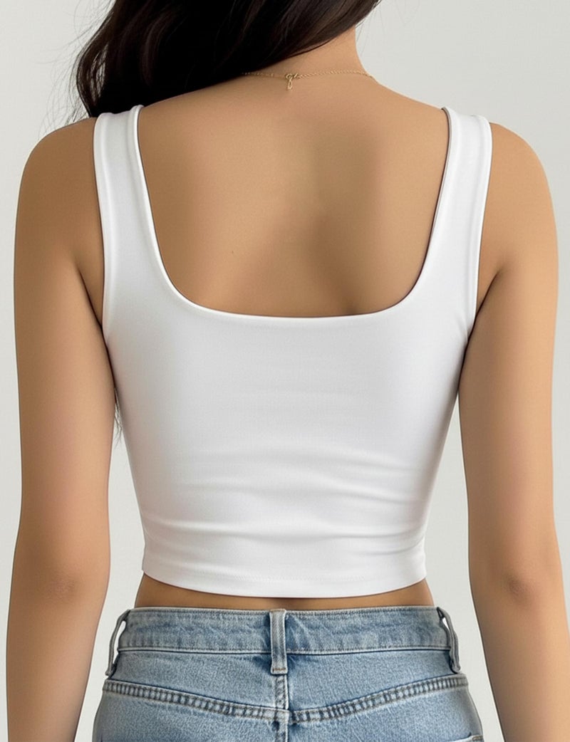 AURUZA Women's Sleeveless Strappy Tank Square Neck Double Layer Workout Fitness Casual Basic Crop Tops s White - Image 2