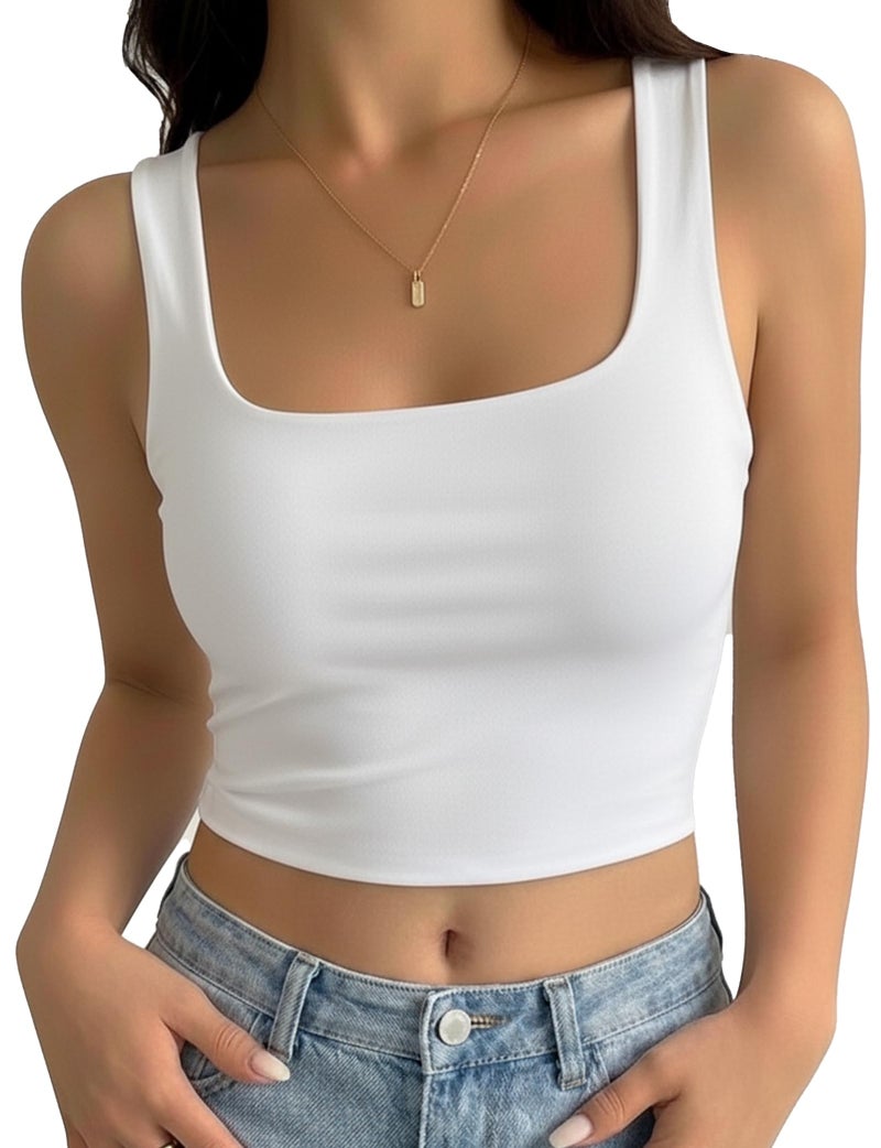 AURUZA Women's Sleeveless Strappy Tank Square Neck Double Layer Workout Fitness Casual Basic Crop Tops s White - Image 1