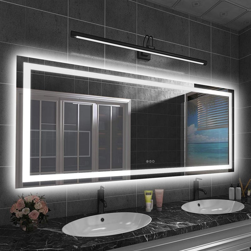 مرآة حمام LED أموره 72 × 32 مع إضاءة أمامية وخلفية مرآة حائط كبيرة قابلة للتعتيم مع خاصية مضادة للضباب ومقاومة للكسر ذاكرة 3 ألوان مرآة تجميل مزدوجة LED