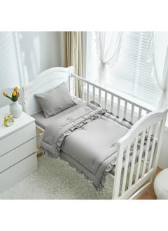 Uozzi Bedding 3 Pieces Crib Bedding Set Baby Ruffle Quilted Comforter with Fitted Sheet and Pillowcase - Cute Ruffled Shabby Chic Bedding Soft Blanket Design Gray  - Image 2