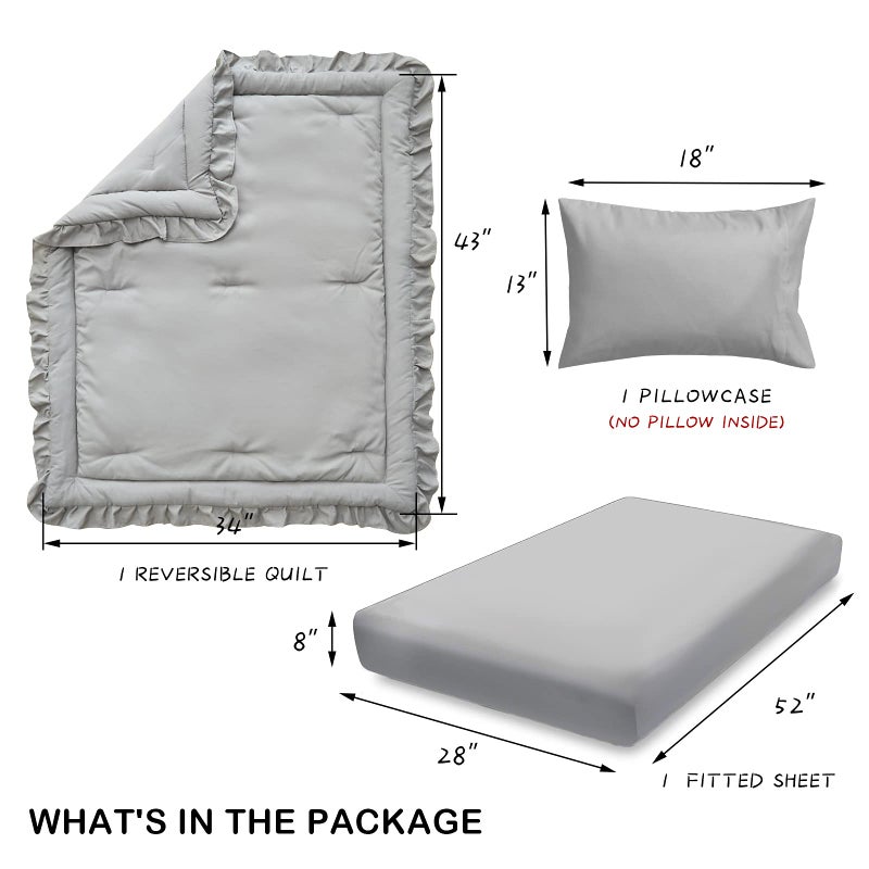 Uozzi Bedding طقم سرير مهد مكون من 3 قطع مع لحاف مزخرف ومفروشات ملائمة وغطاء وسادة - تصميم بطانية ناعمة رمادية مع حواف مزخرفة جميلة - Image 4