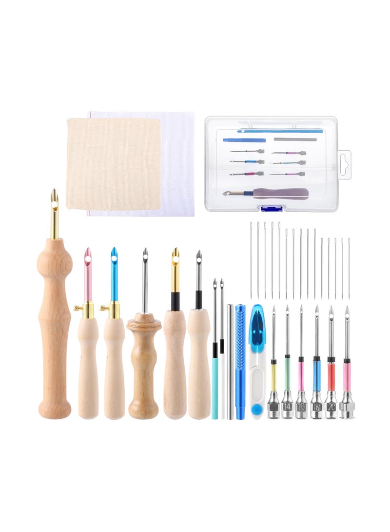 Excefore Punch Needle Kit, 35 Pcs Embroidery Stitching Punch Needle Poking Cross Stitch Tools, Punch Needle Wooden Handle Embroidery Pen Needle, Big Eye Needles, for Embroidery Embroidery Beginners - Image 1