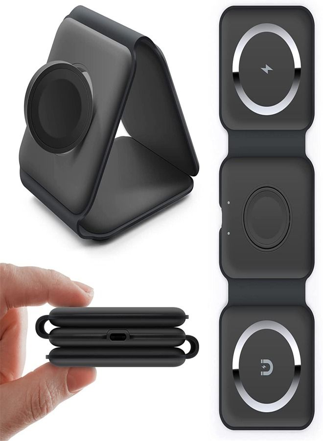 PADOM شاحن لاسلكي 3 في 1 من بادوم، محطة شحن مغناطيسية قابلة للطي، لوحة شحن لاسلكية سريعة (أسود) - Image 1