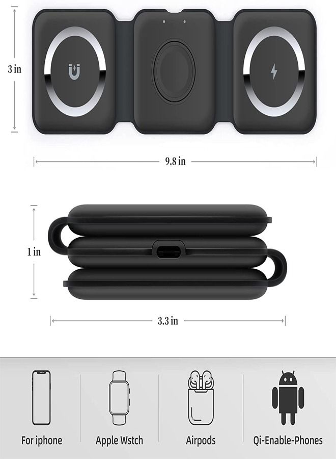 PADOM شاحن لاسلكي 3 في 1 من بادوم، محطة شحن مغناطيسية قابلة للطي، لوحة شحن لاسلكية سريعة (أسود) - Image 5
