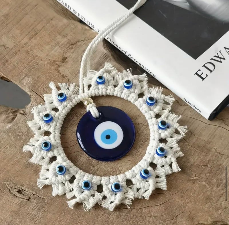 WARMINGO DE White Macrame Evil Eye Wall Hanging for Home Decor & Nazar Protection | Big Turkish Evil Eye for Main Door Entrance | Handmade Boho Wall Hanging | Aesthetic Diwali & Housewarming Gift - Image 5