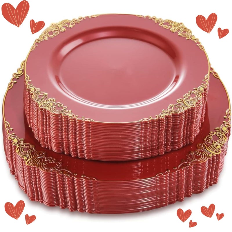 Liacere 50PCS Red Plastic Plates  Disposable Gold Plastic Plates Include 25PCS 75Inch Red Dessert Plates  25PCS 1025Inch Red Dinner Plates for Christmas  Party  Wedding  New Year