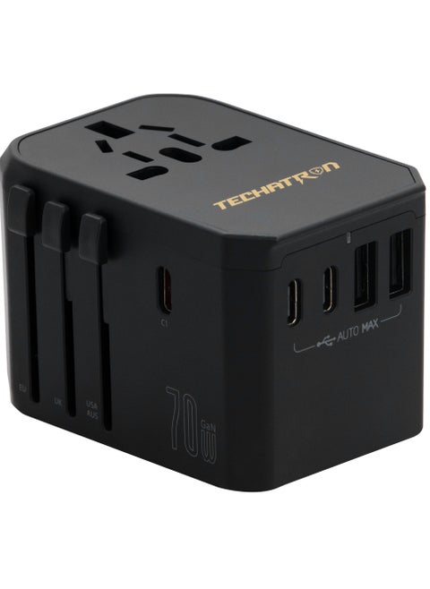 70W GAN Charger 6-in-1 Universal Travel Adapter (Type C/G/A/I) for US/AU/UK/EU | 2 USB-A, 3 USB-C, 1 AC Socket | European Travel Plug Adapter | International Power Adapter | Black