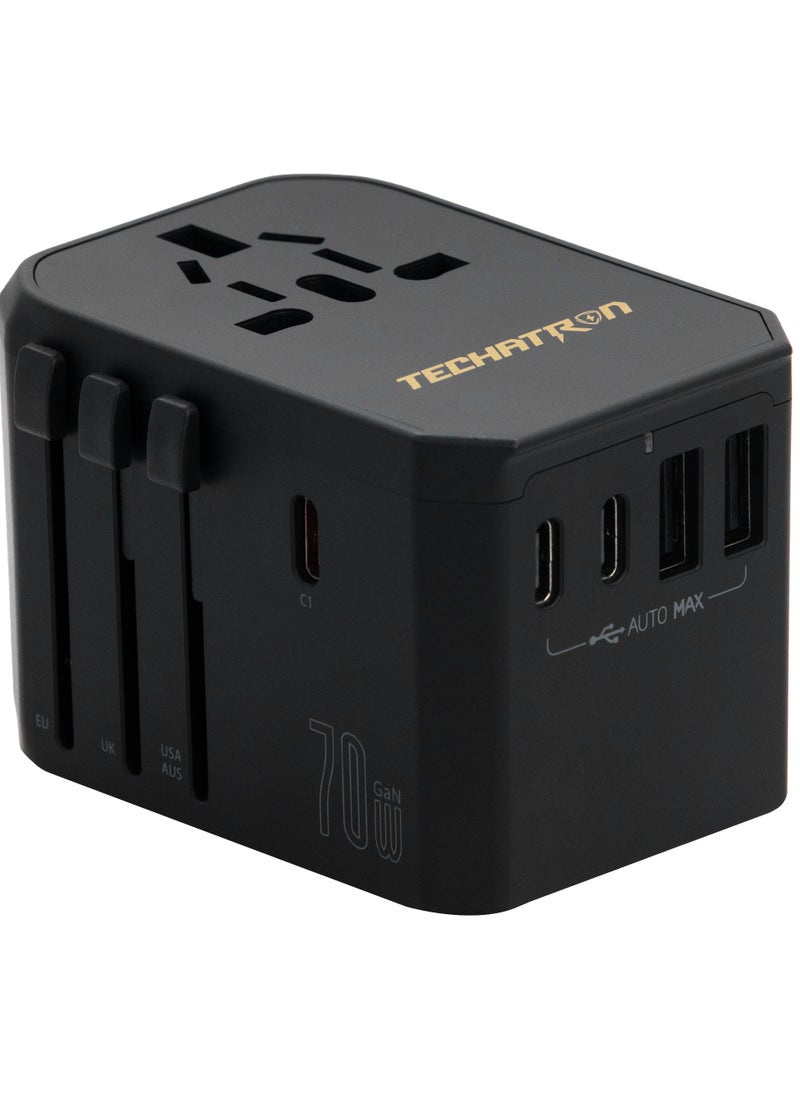 TECHATRON - 70W GAN Charger 6-in-1 Universal Travel Adapter (Type C/G/A/I) for US/AU/UK/EU | 2 USB-A, 3 USB-C, 1 AC Socket | European Travel Plug Adapter | International Power Adapter | Black - Image 1