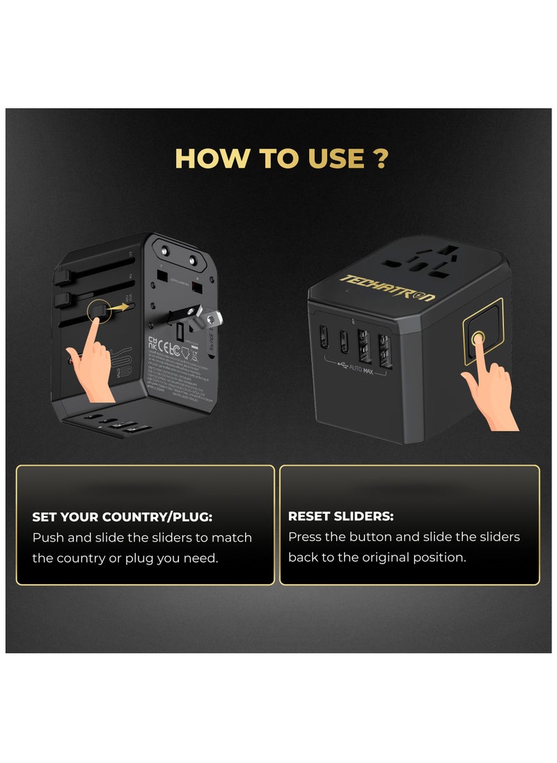 TECHATRON - 70W GAN Charger 6-in-1 Universal Travel Adapter (Type C/G/A/I) for US/AU/UK/EU | 2 USB-A, 3 USB-C, 1 AC Socket | European Travel Plug Adapter | International Power Adapter | Black - Image 1