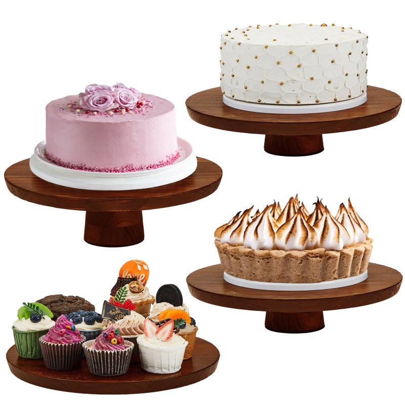 Jinei 4 Sets Wood Cake Stand Rustic 12 Inch Rotating Cake Stand Food Round Risers Turntable for Party Cake Base Wood for Display Parties Weddings Restaurants Decorating Supplies - Image 1
