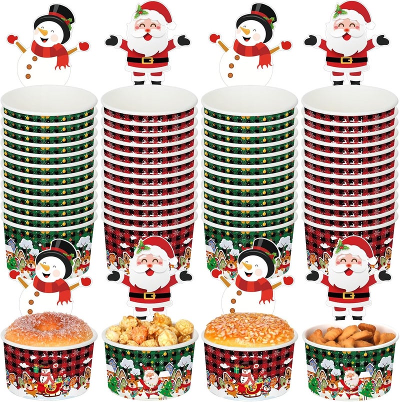 Suclain 50 Sets Christmas Snack Bowls for Parties with Cards 8 oz Xmas Themed Treat Paper Cups Dessert Ice Cream Disposable Soup Bowls for Hot Cold Food Party Supplies (Buffalo Plaid Xmas Style) - Image 1
