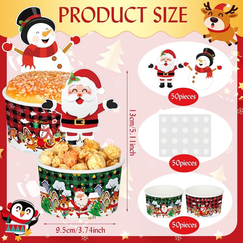 Suclain 50 Sets Christmas Snack Bowls for Parties with Cards 8 oz Xmas Themed Treat Paper Cups Dessert Ice Cream Disposable Soup Bowls for Hot Cold Food Party Supplies (Buffalo Plaid Xmas Style) - Image 2