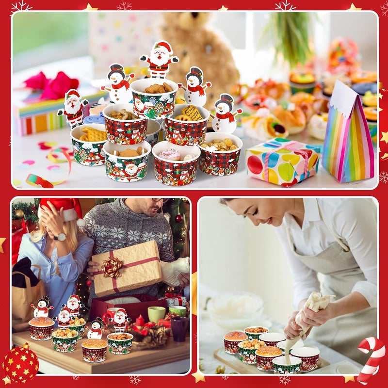 Suclain 50 Sets Christmas Snack Bowls for Parties with Cards 8 oz Xmas Themed Treat Paper Cups Dessert Ice Cream Disposable Soup Bowls for Hot Cold Food Party Supplies (Buffalo Plaid Xmas Style) - Image 5