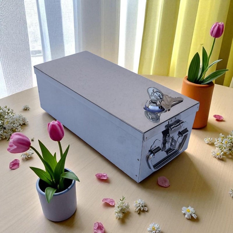 GinoSet ® Stainless Steel Bank Locker Box, Cash Drawer, Jewellery Storage Container Cash Box Size - 12 Inch (L-31cm, W-13cm, H-9.5cm)(With Pre fited Lock & 2 Key) - Image 2