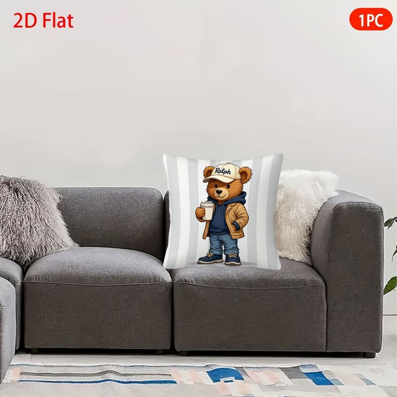 وسادة قصيرة من البوليستر بنمط دب وسحاب إغلاق 17x17 بوصة - Image 2