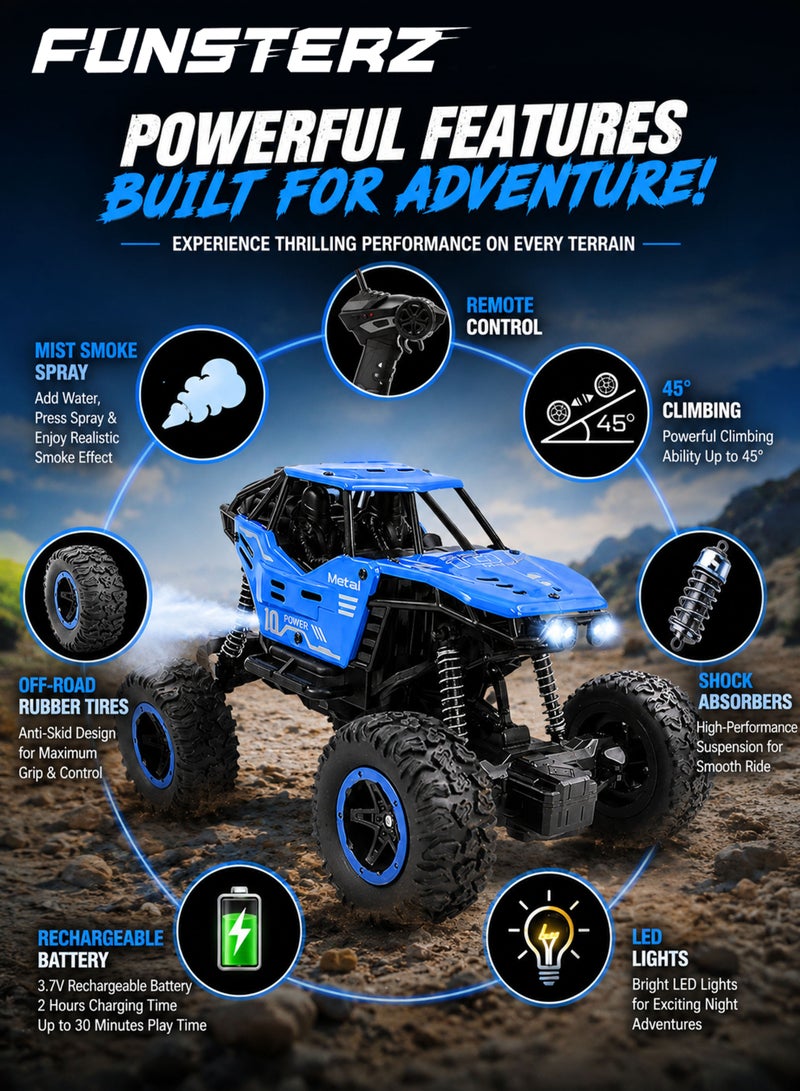 FUNSTERZ Remote Control Off-Road Monster Truck Car for Kids 1:18 Scale High Speed RC Rock Crawler with Mist Smoke Spray Effect, LED Lights, Shock Absorber Suspension, Anti-Skid Rubber Tires, 45° Climbing, Rechargeable Battery USB Charging, 2.4GHz All Terrain RC Car Toy for Boys Girls 6+ - Image 2