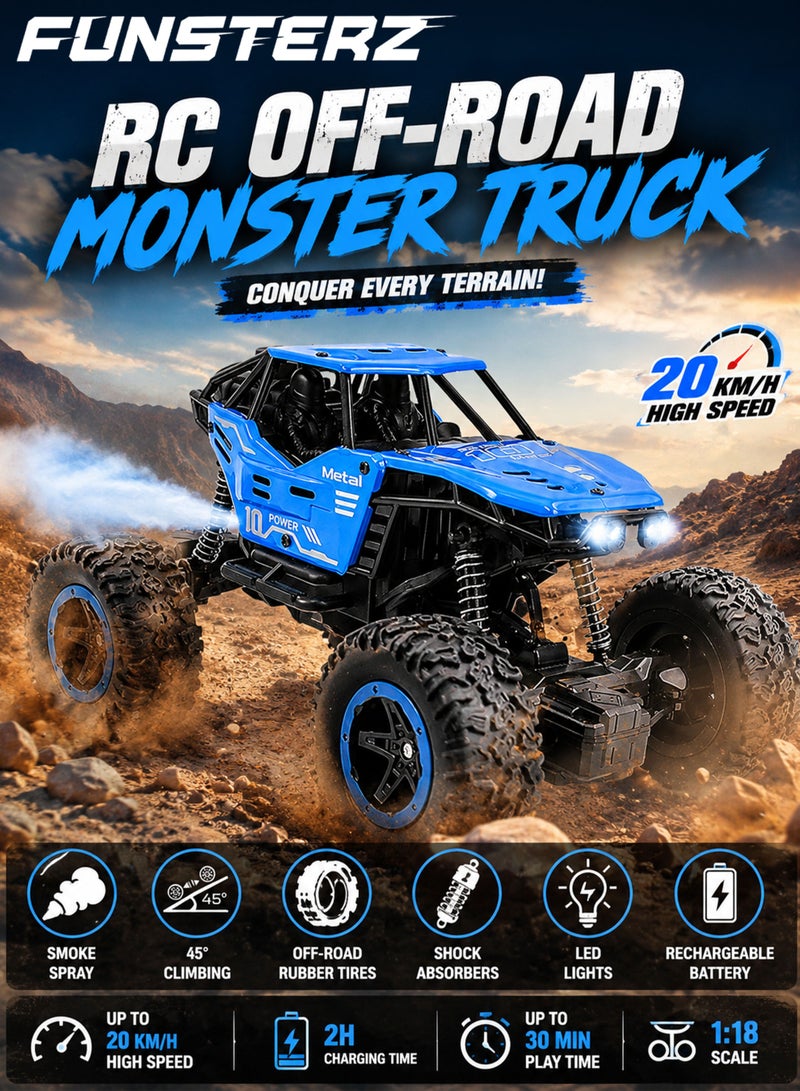 FUNSTERZ Remote Control Off-Road Monster Truck Car for Kids 1:18 Scale High Speed RC Rock Crawler with Mist Smoke Spray Effect, LED Lights, Shock Absorber Suspension, Anti-Skid Rubber Tires, 45° Climbing, Rechargeable Battery USB Charging, 2.4GHz All Terrain RC Car Toy for Boys Girls 6+ - Image 1