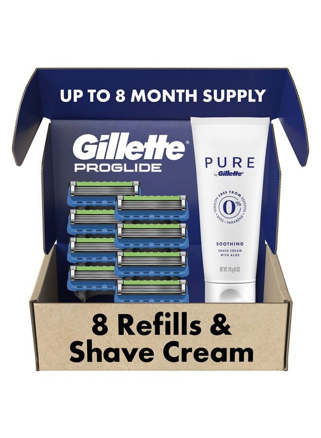 Gillette ProGlide Mens Razors 8 Razor Blade Refills Plus Gillette PURE Mens Soothing Shaving Cream with Aloe, 6 oz  - Image 1