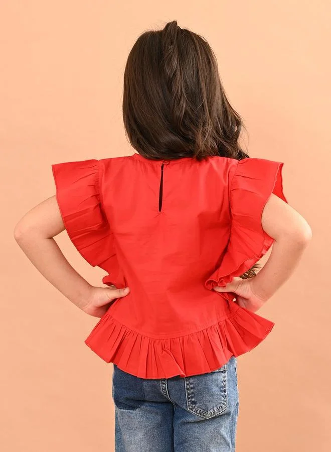 LILPICKS LilPicks Flutter Sleeves Pleated Round Neck Top