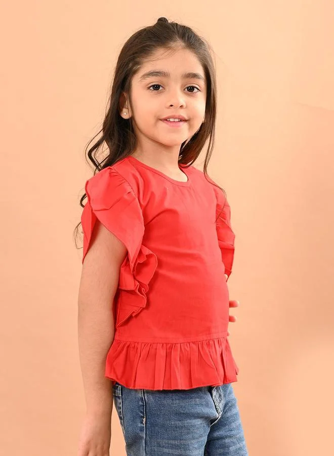LILPICKS LilPicks Flutter Sleeves Pleated Round Neck Top