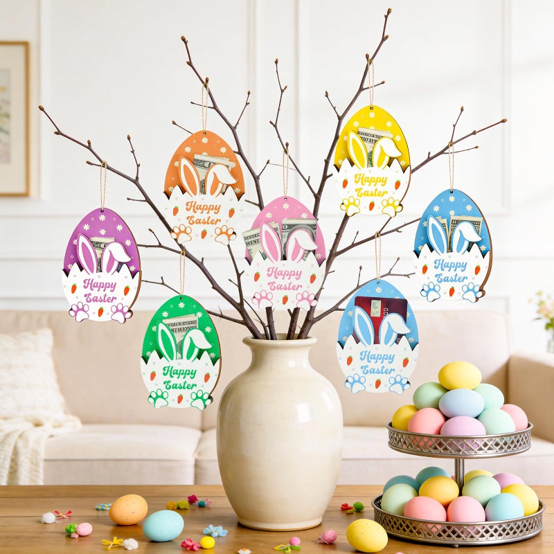 MUOUAKATE 6Pcs Easter Bunny Money Holder for Cash, Easter Basket Stuffers Gifts Card Holder with Egg Bunny Table Decorations Hanging Ornaments, Spring Wooden Cash Sleeves Gift Tags for Boy, Girl, Teens - Image 5