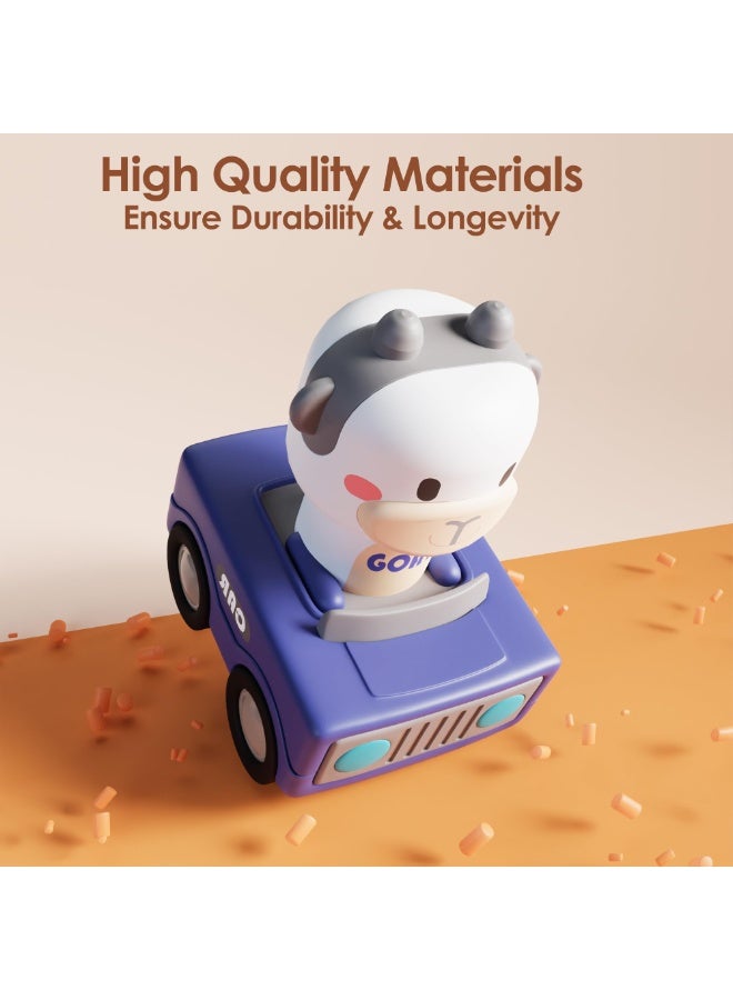 HALAMODO 4 PCS Press and Go Inertia Animal Toy Cars Set , Baby Push Animal Racer Vehicles , Cartoon Press and Slide Drop-Proof Fleet , Smooth Wheels , 360° Rotating Head , Early Learning Vehicle Set, Includes Blue Lamb ,Orange Cow , Green Cow，Yellow Deer, - Image 4