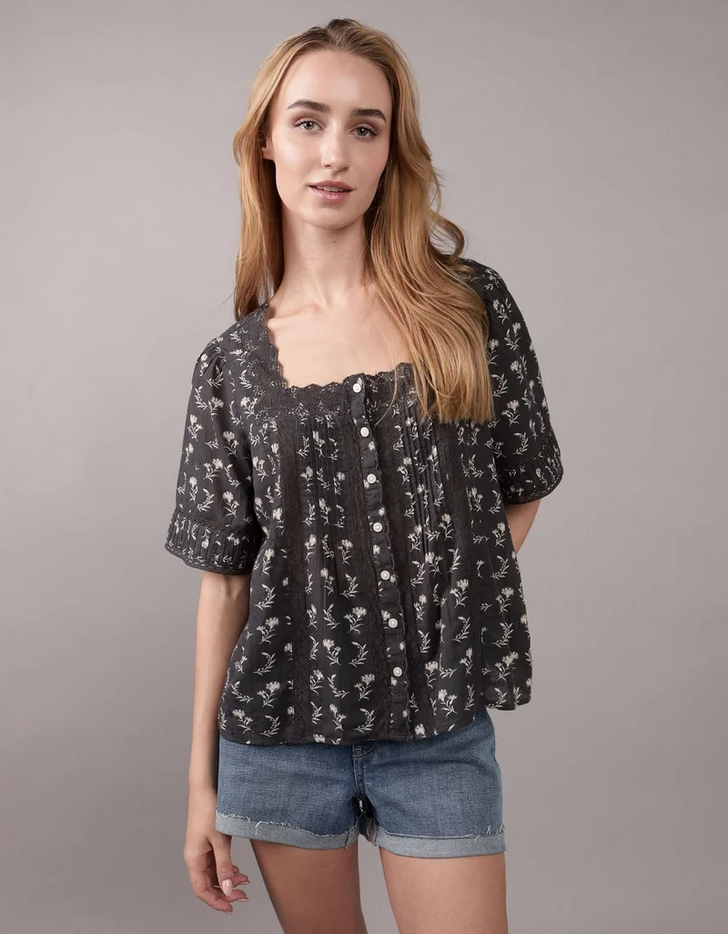 American Eagle AE Square Neck Button-Up Blouse