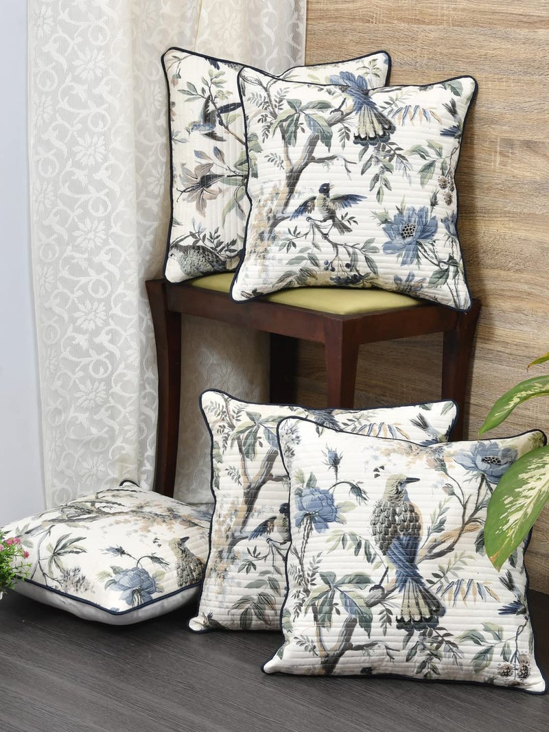 Clasiko Cushion Covers Set of 5; 18x18 Inches; Blue Flowers & Birds - Image 2