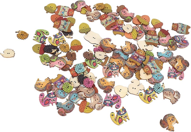 HEEPDD Craft Buttons 1.2in Long Wooden Retro Animal Style for Sewing DIY Decoration, 100 Pieces Pinewood (Animals Style 100Pcs) - Image 1