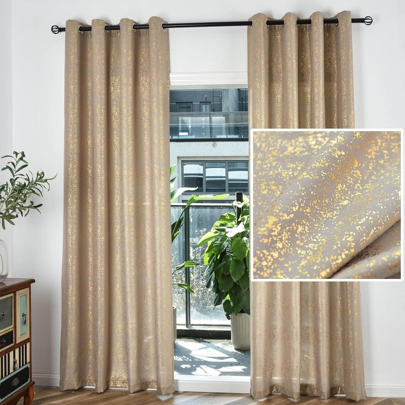 TERLYTEX Gold Curtains 84 Inches Long for Living Room 2 Panels, Metallic Gold Foil Print Glitter Sparkle Curtains for Bedroom, Grommet Privacy Semi-Sheer Shimmer Curtains, 52 x 84 Inch, Gold Taupe - Image 2