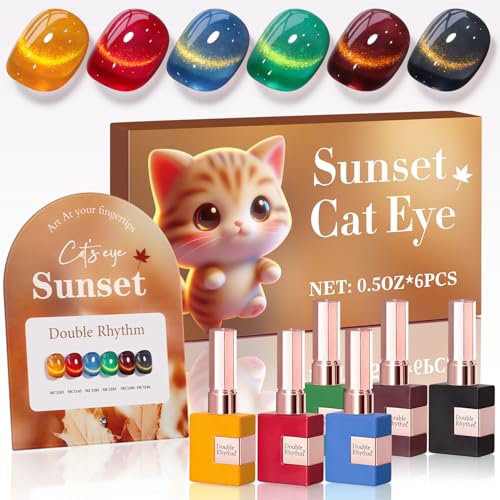 Double Rhythm Cat Eye Gel Nail Polish Set of 6 Same Color Same Bottle 05 Oz Shimmer Glitter with Magnet Holographic Reflective Magnetic UV Polish Kit Golden Black Brown Red Blue GreenT633 - Image 1